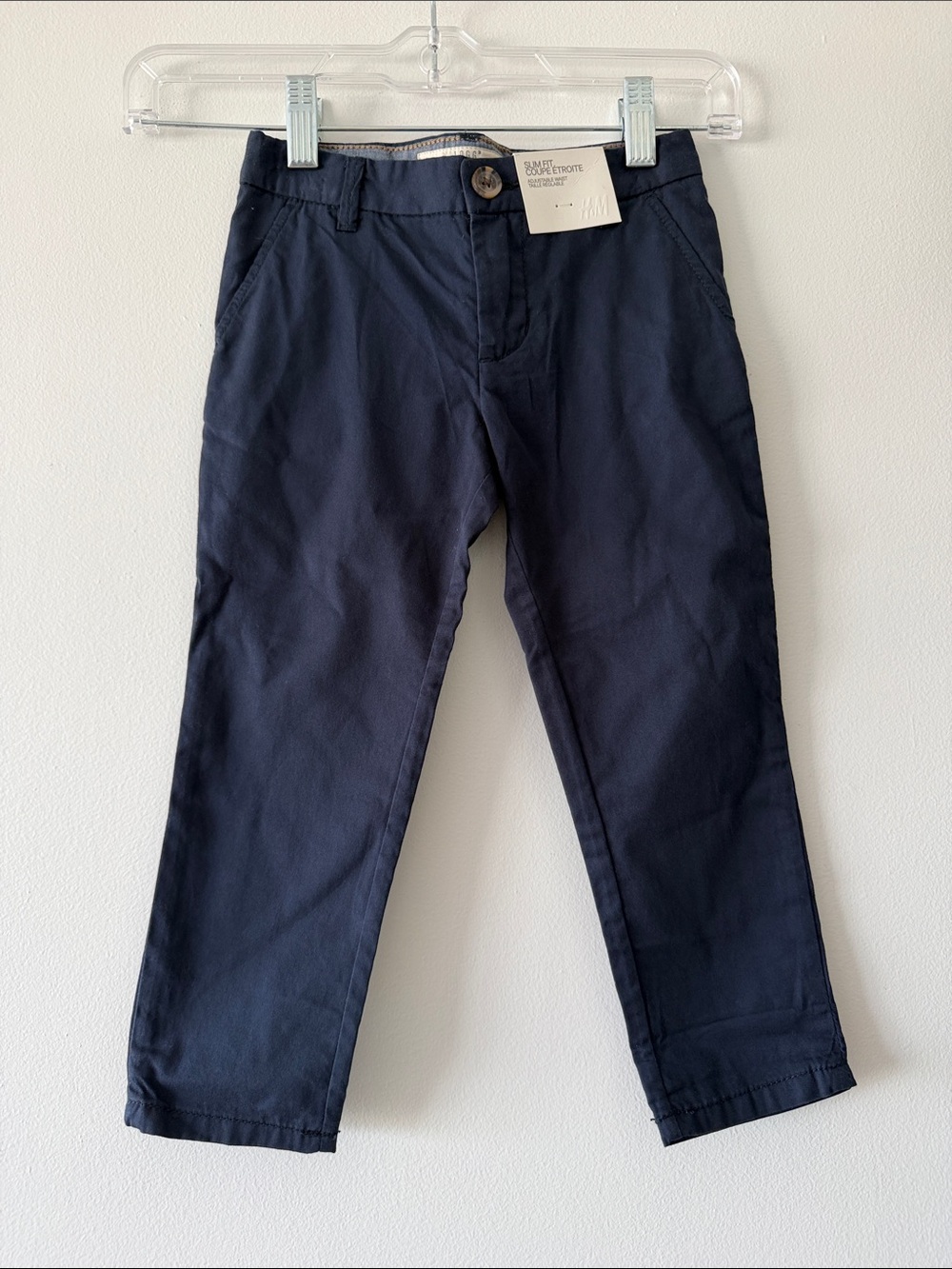 NWT H&M L.O.G.G. Boys Navy Blue Slim Fit Chino Pants Size 3T Adjustable Waist